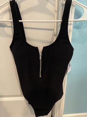 Michael Kors Black Ribbed Zip-Front one piece swim suit